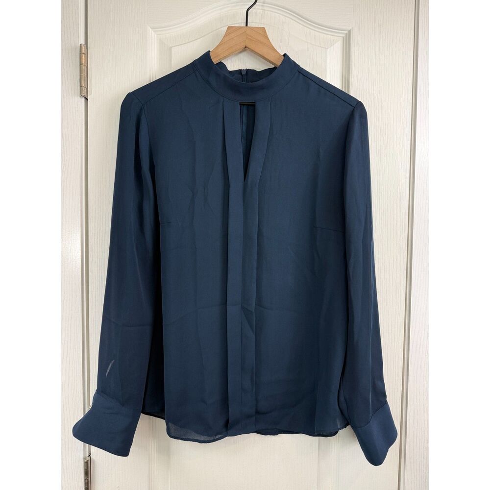 White House Black Market Womens 10 Blue Keyhole Mock Neck Long Sleeve Blouse